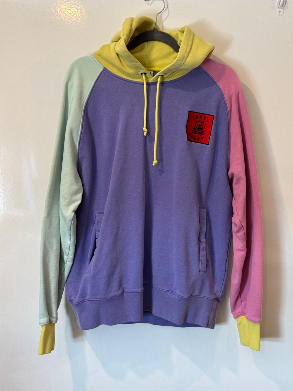 Teddy Fresh Lavender Mint Pink Yellow Colorblock Hoodie with Red Patch